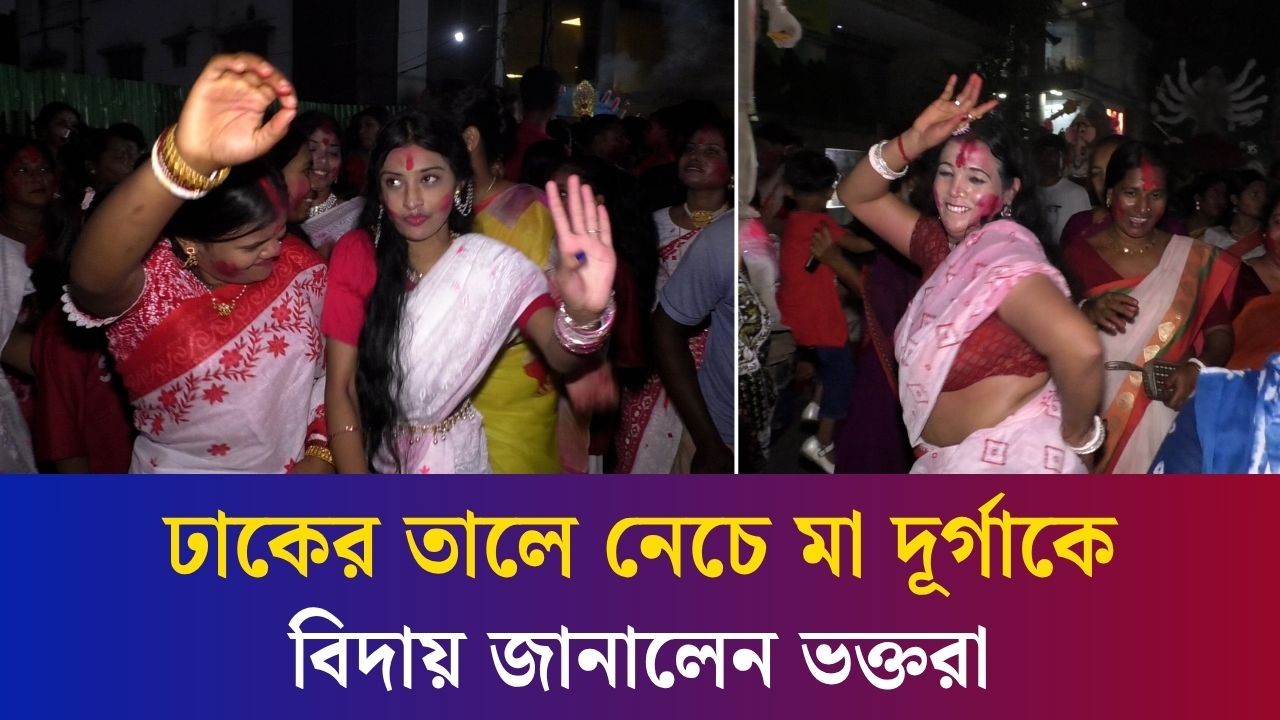 বগুড়ায় ঢাকের তালে নেচে মা দূর্গাকে বিদায় জানালেন ভক্তরা